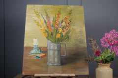 Hand-painted French still life artwork with candle and flowers