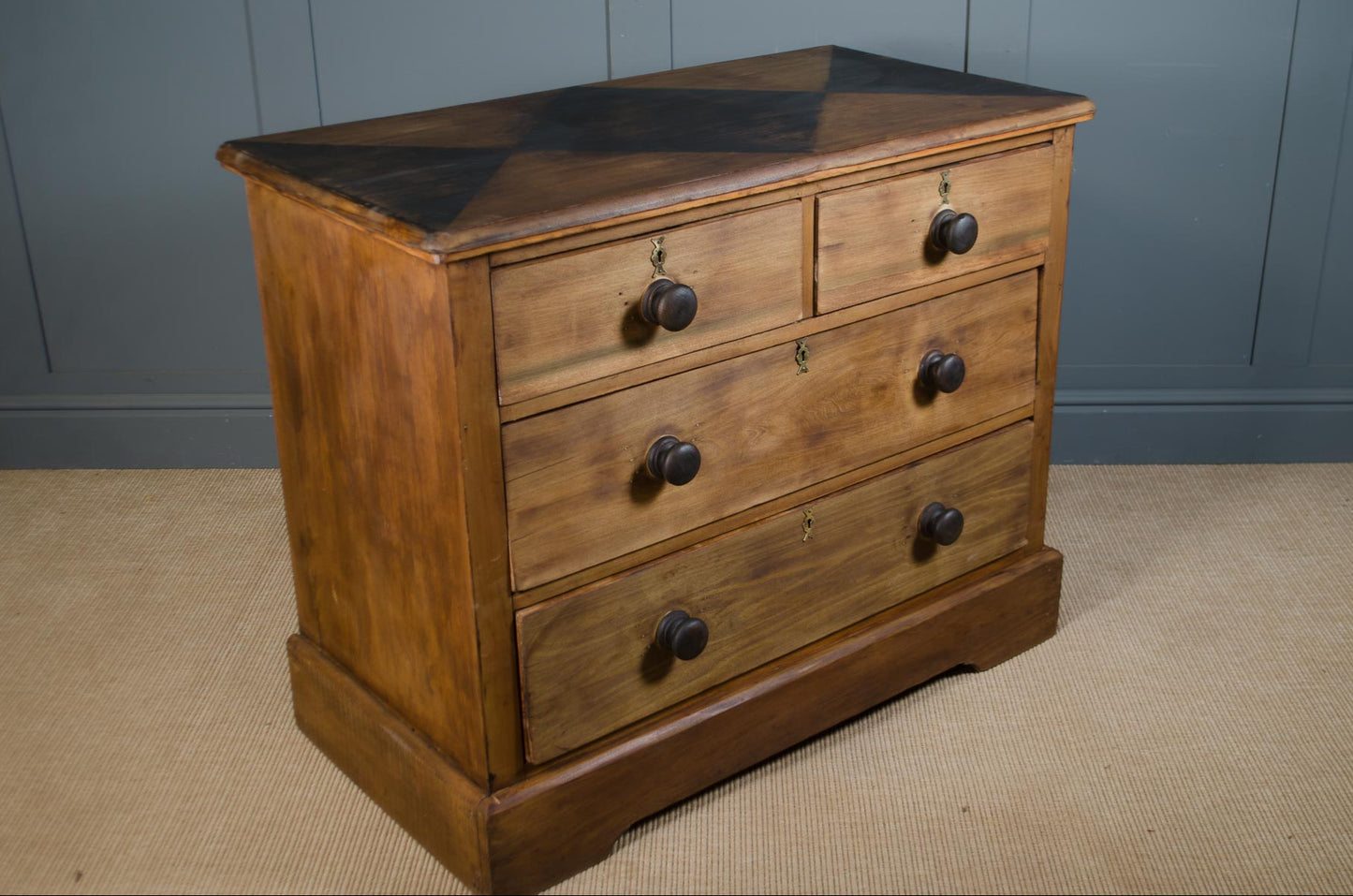Restored Edwardian solid pine chest of drawers with diamond-pattern shou sugi ban charred top and ebonised handles