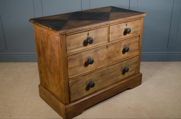 Restored Edwardian solid pine chest of drawers with diamond-pattern shou sugi ban charred top and ebonised handles