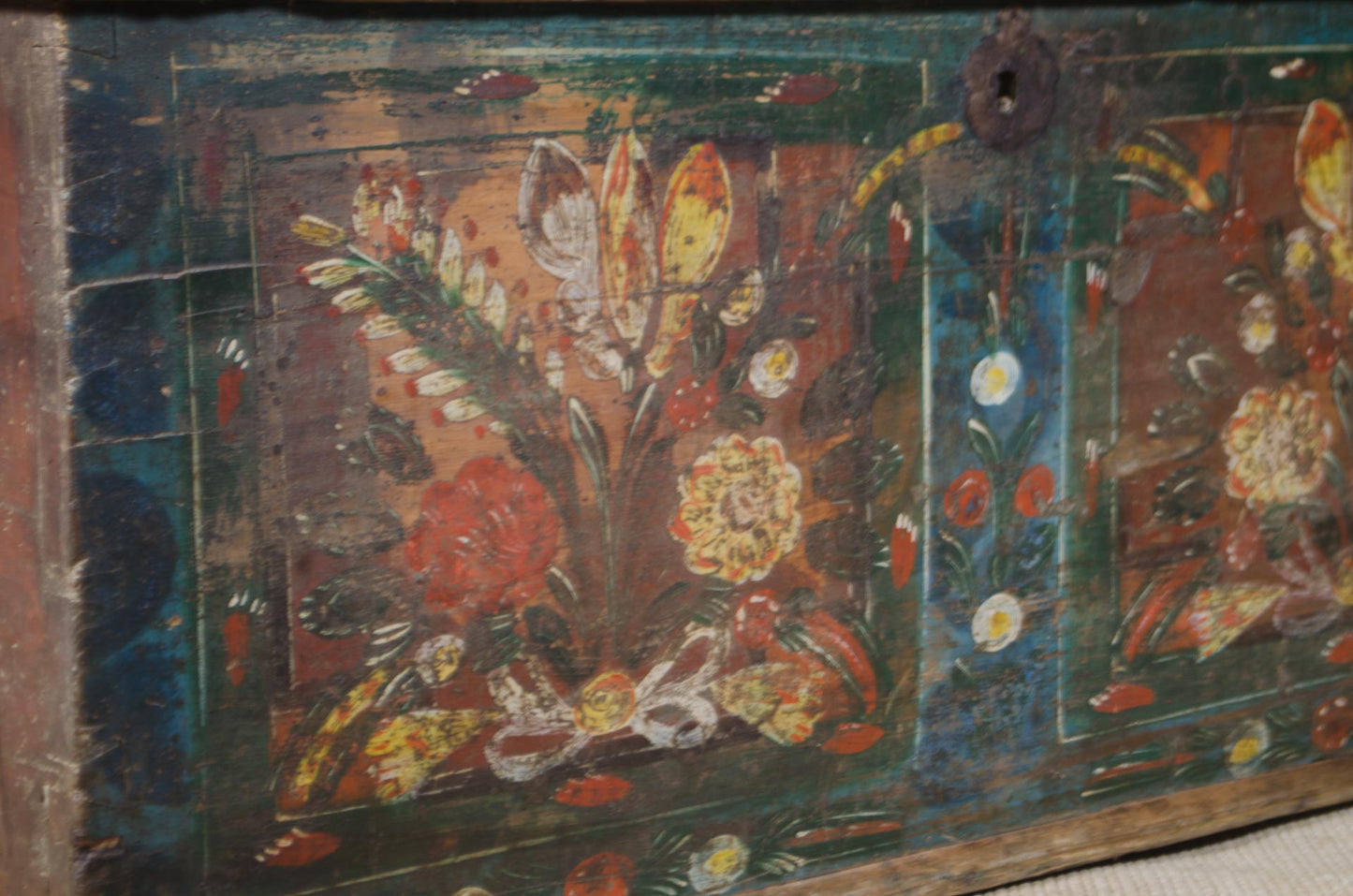 Folk Painted Marriage Chest in Blue and Red
