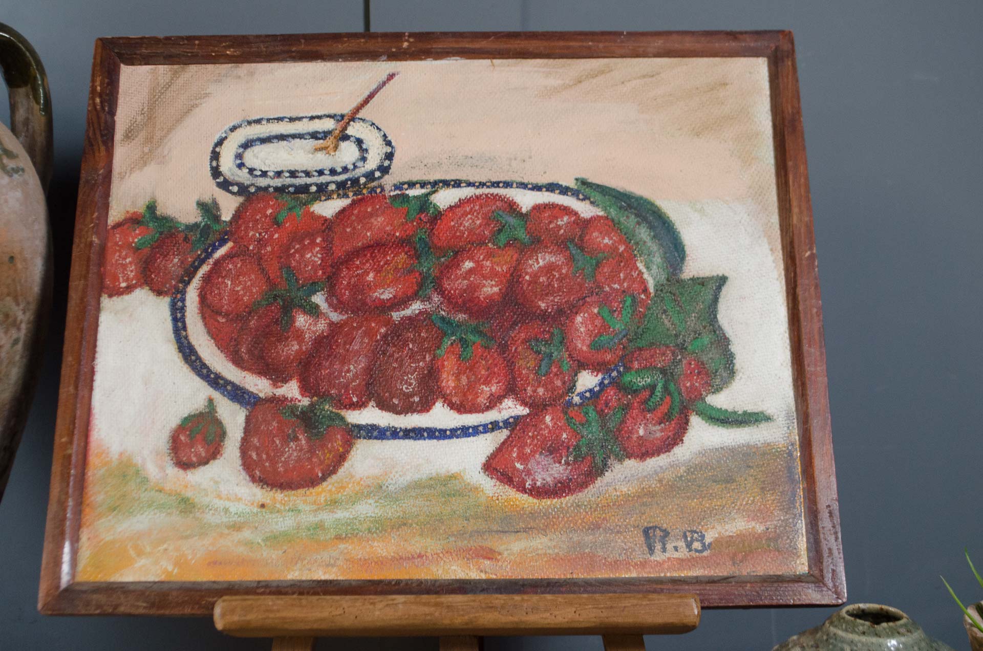 
Vintage French strawberry still life oil painting