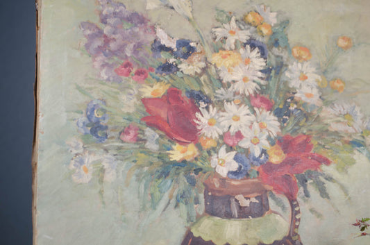 French floral oil painting with pastel tones and rustic patina