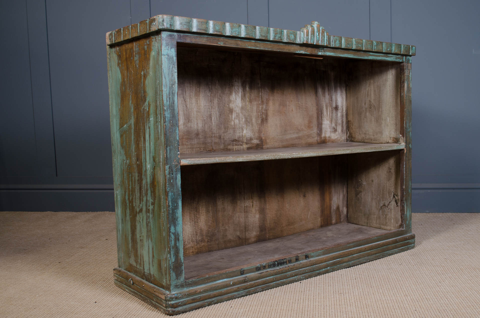 reclaimed Indian teak bookshelf, green painted teak furniture, rustic teak TV stand, solid wood storage unit, vintage teak kitchen storage, reclaimed bathroom shelf, heavy teak bookshelf, worn green finish furniture, Indian teak rustic décor, farmhouse teak storage.