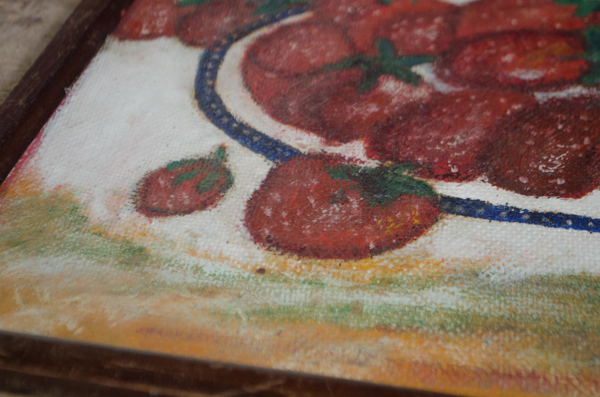 
Mid-century French oil painting of strawberries in a bowl