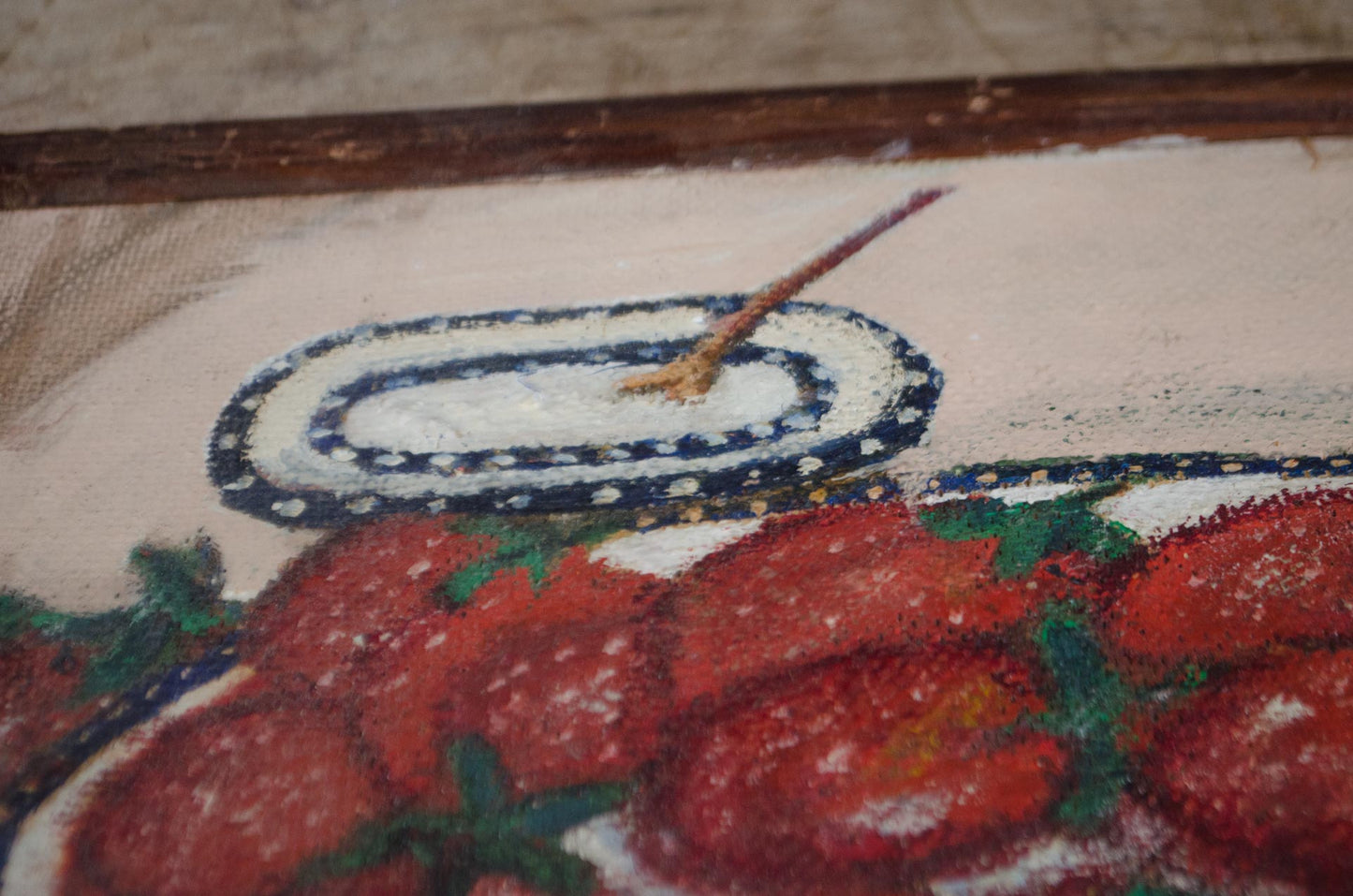Original vintage strawberry painting in wooden frame