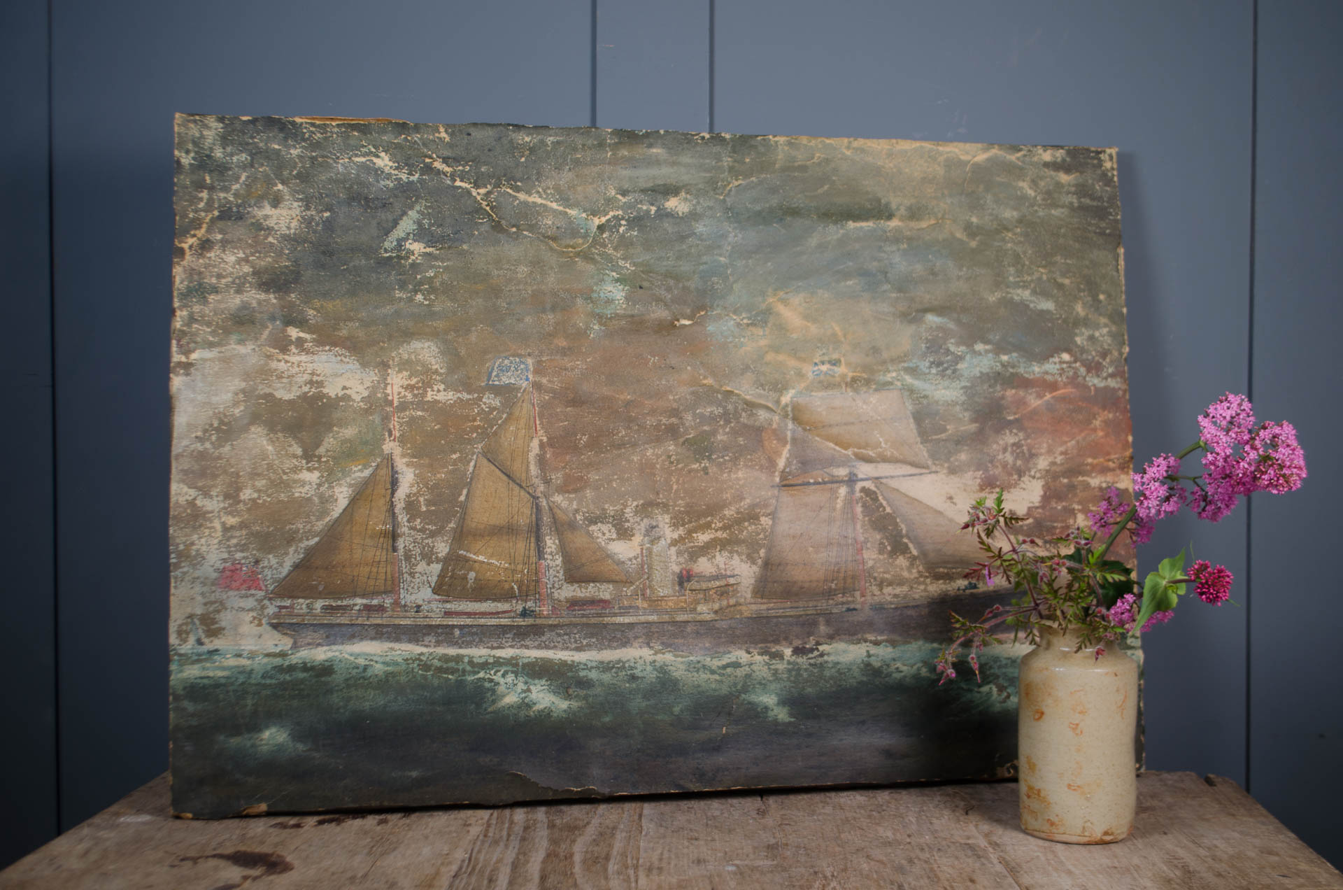 Antique oil painting of Devon merchant sailing ship with Red Ensign flag
