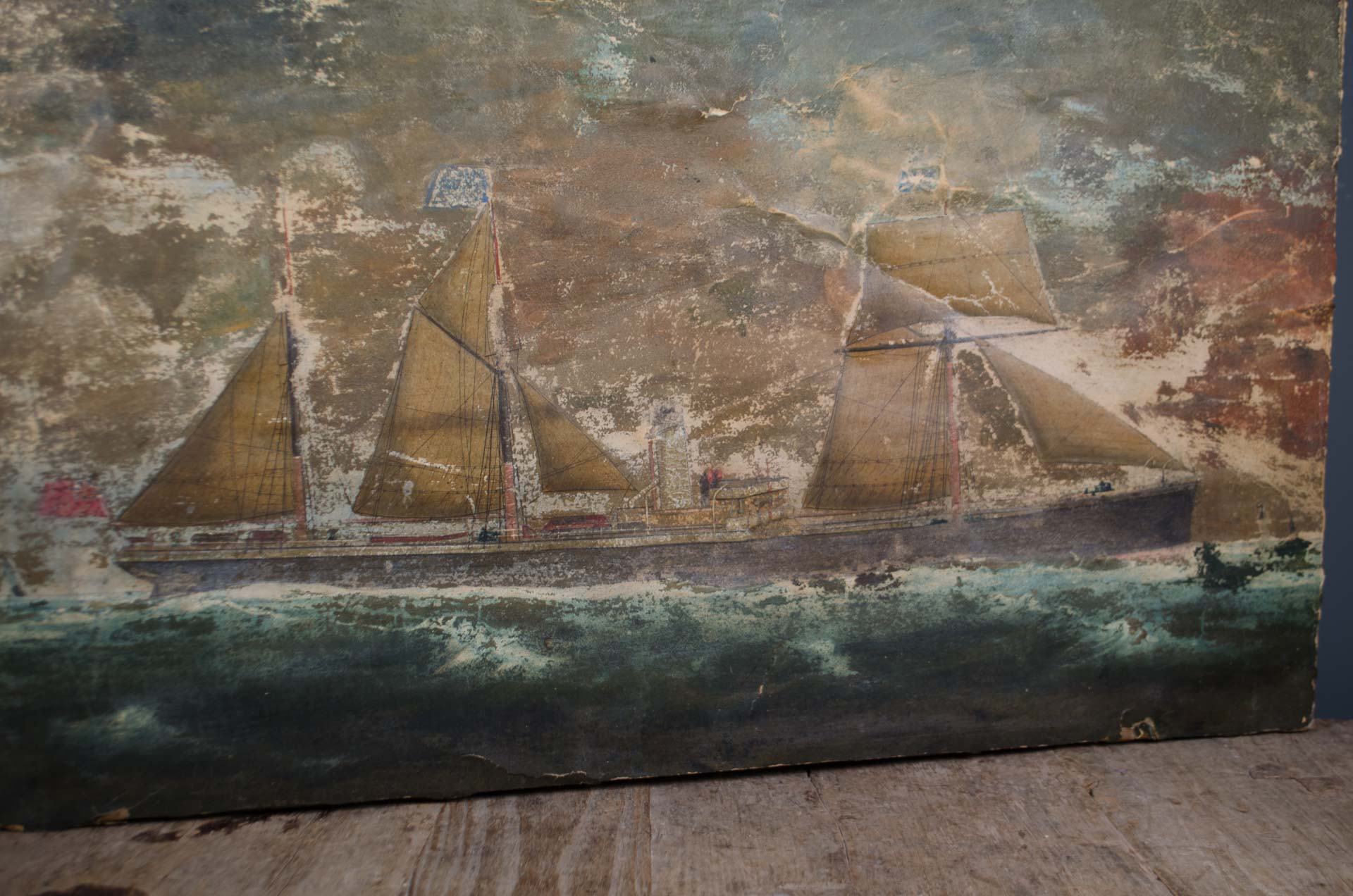 Distressed antique ship painting with aged textured surface