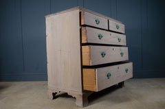 Authentic late 18th century English chest of drawers in bleached pine. Georgian period antique with original brass handles, ideal for farmhouse, country, or period interiors.