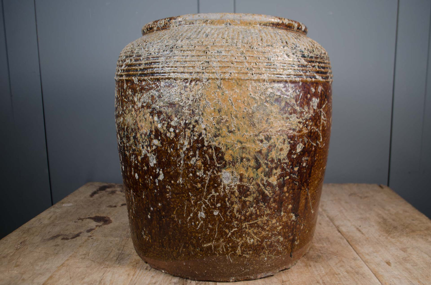 Large antique Chinese Shanxi preserve jar with worn brown glaze