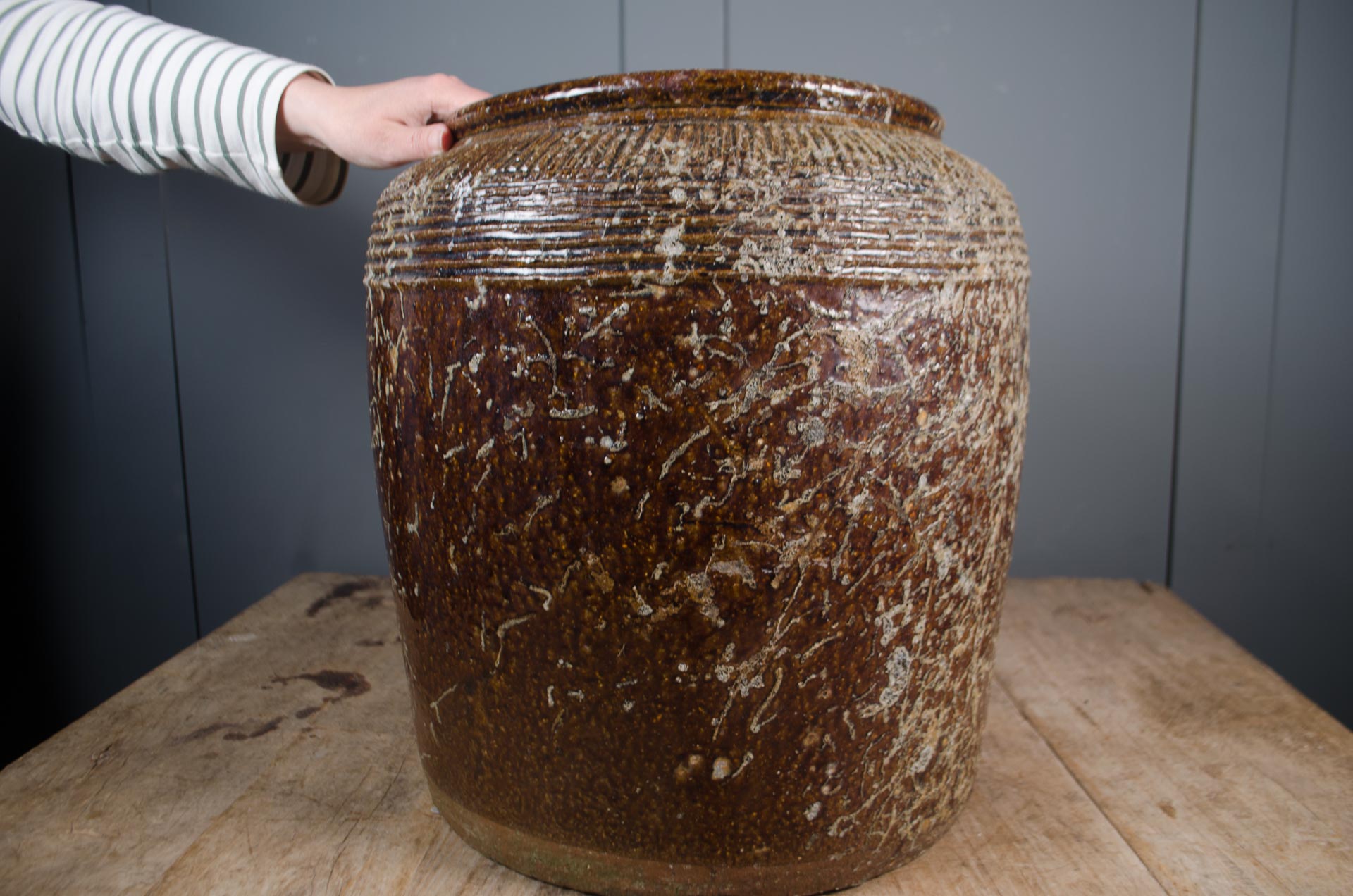 
Pair of large Shanxi preserve jars with aged rustic finish
