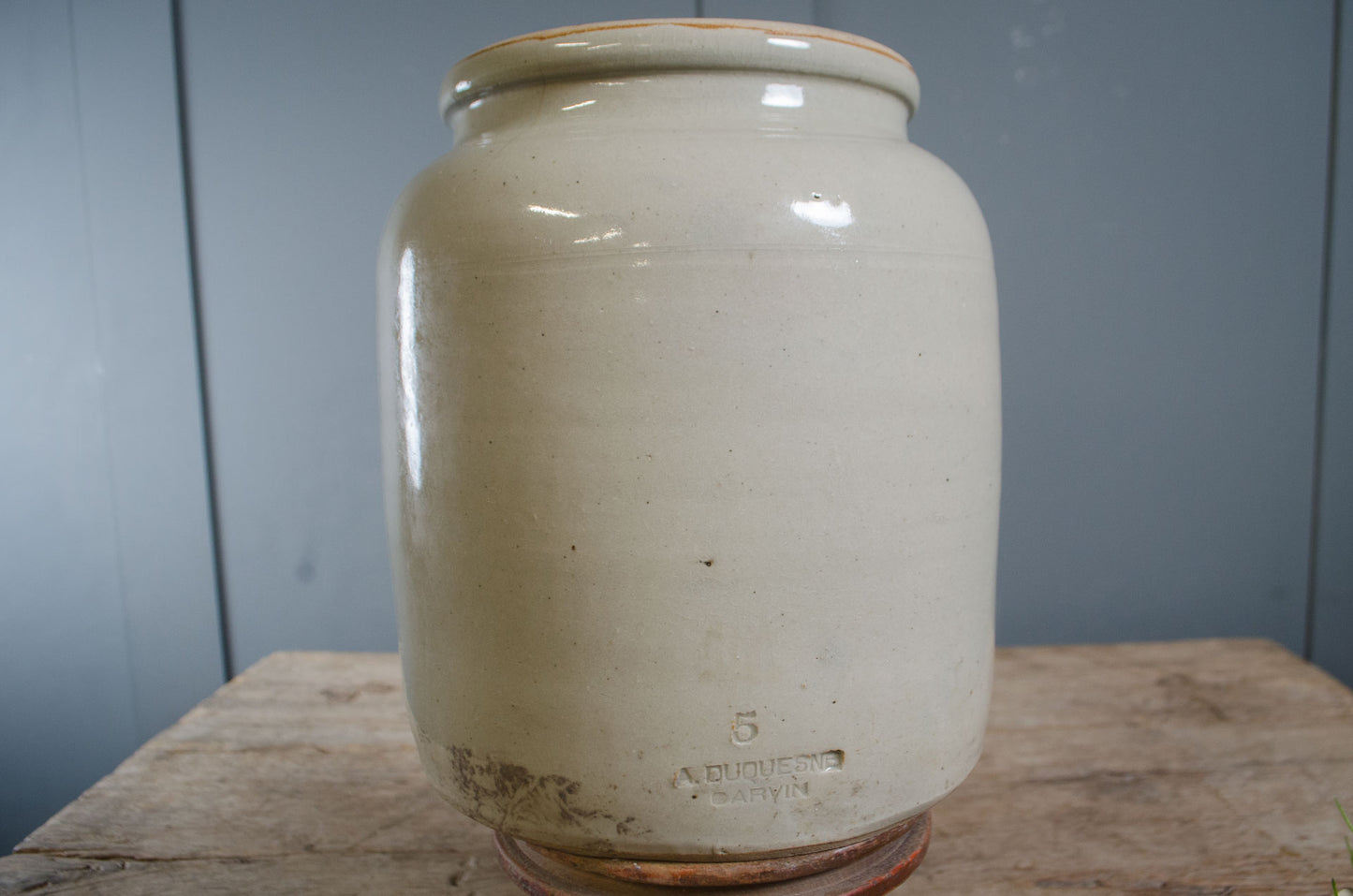Old French grey glazed stoneware kitchen storage jar