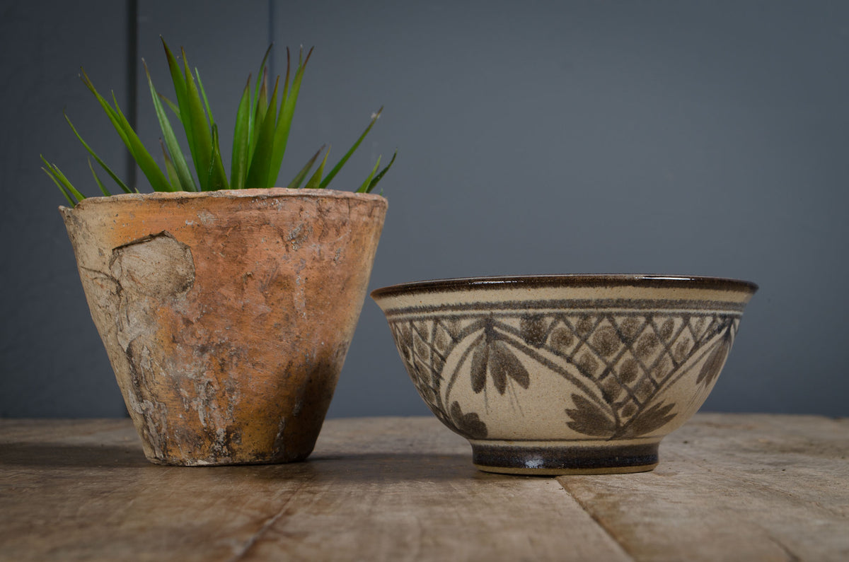 A rustic terracotta planter with a green succulent plant next to a vintage cream-colored ceramic bowl with dark brown floral and geometric patterns, set on a wooden surface against a dark gray background.