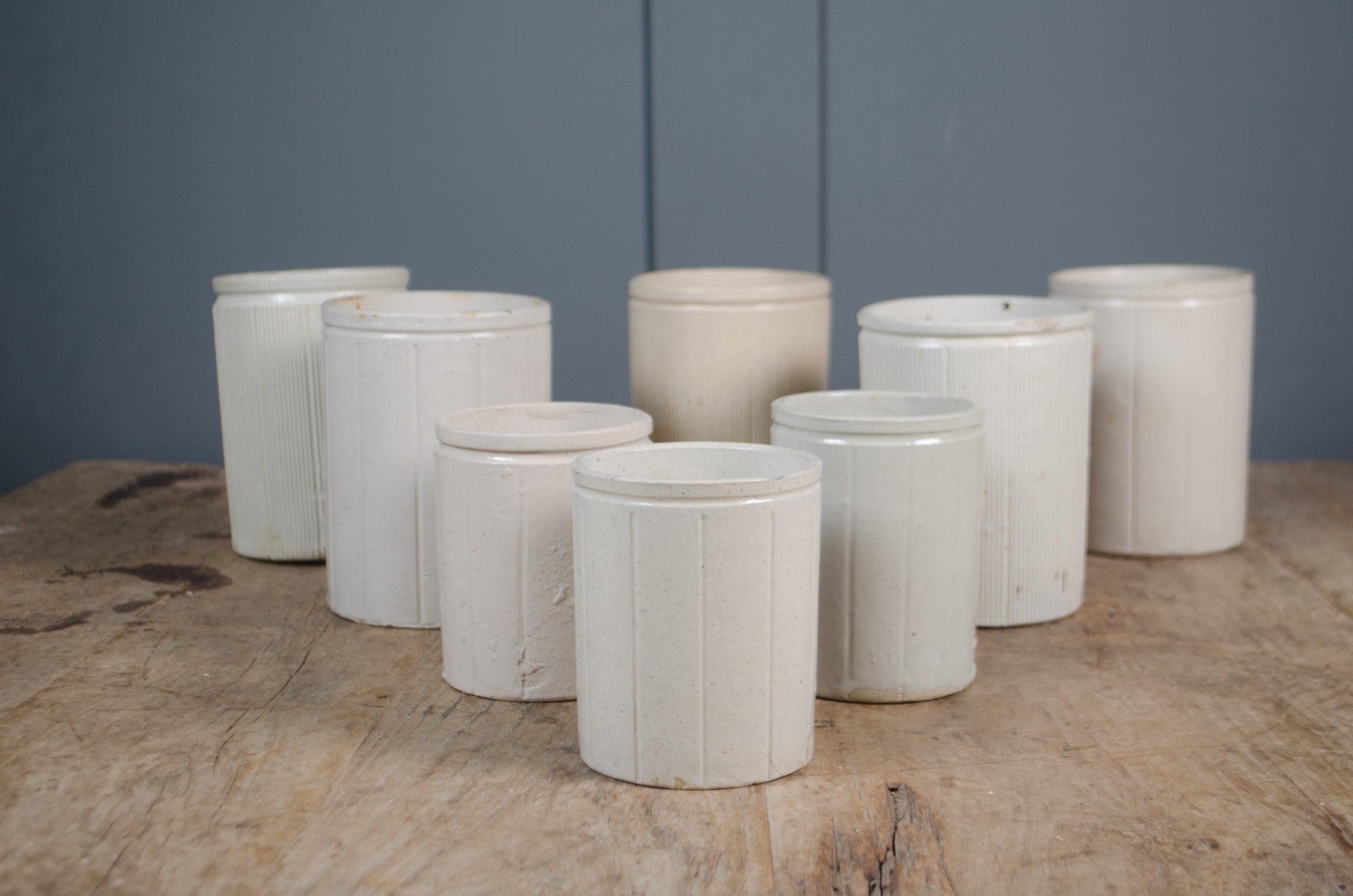 
Cream glazed English preserve jars for farmhouse kitchen styling