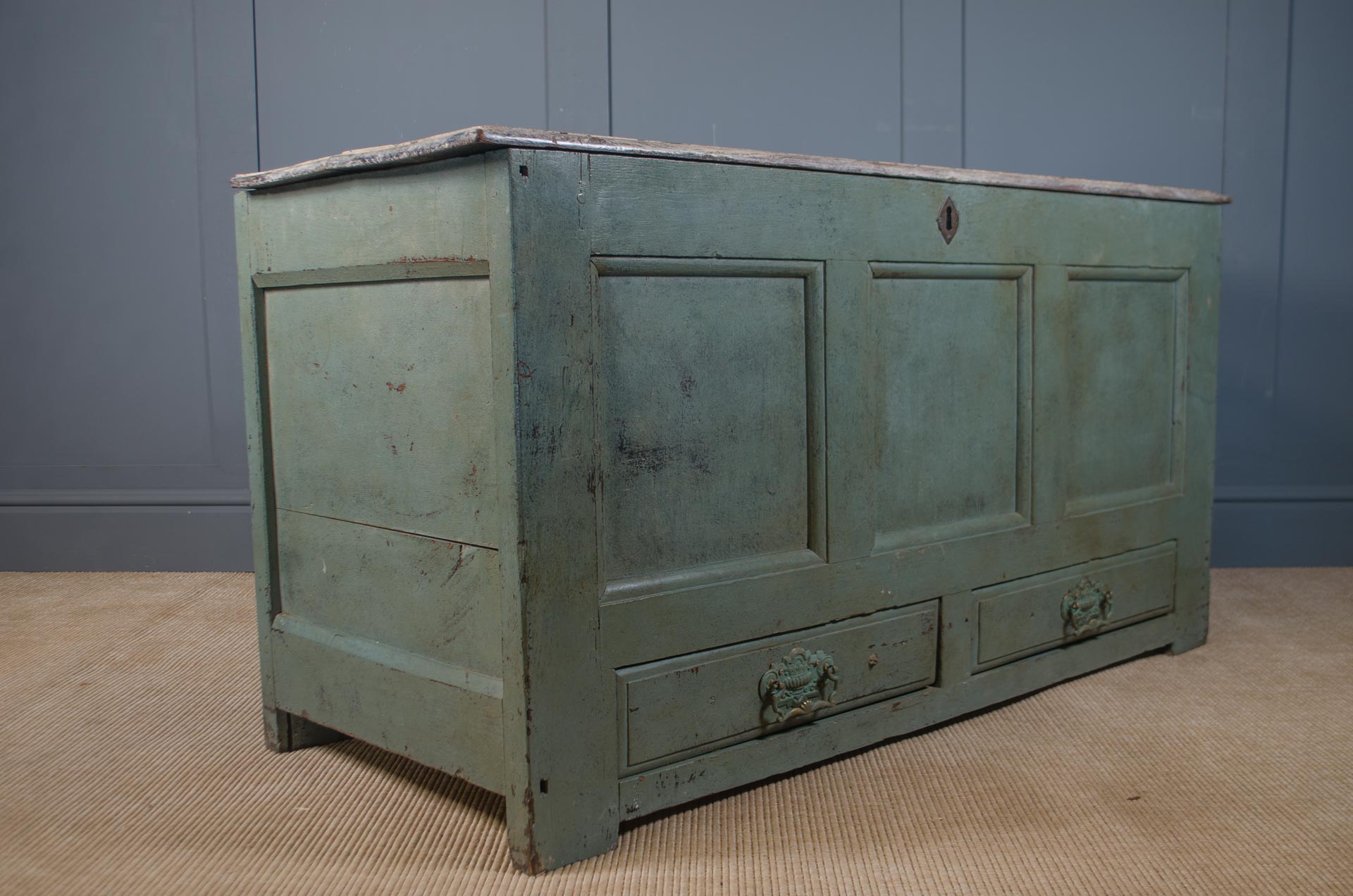 Early antique coffer chest with lift top, candle box and distressed painted finish