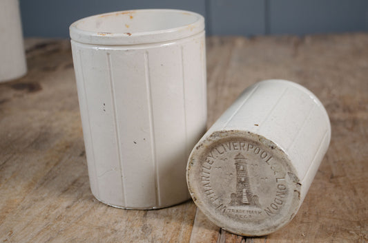 Antique stoneware marmalade jars with ribbed detailing