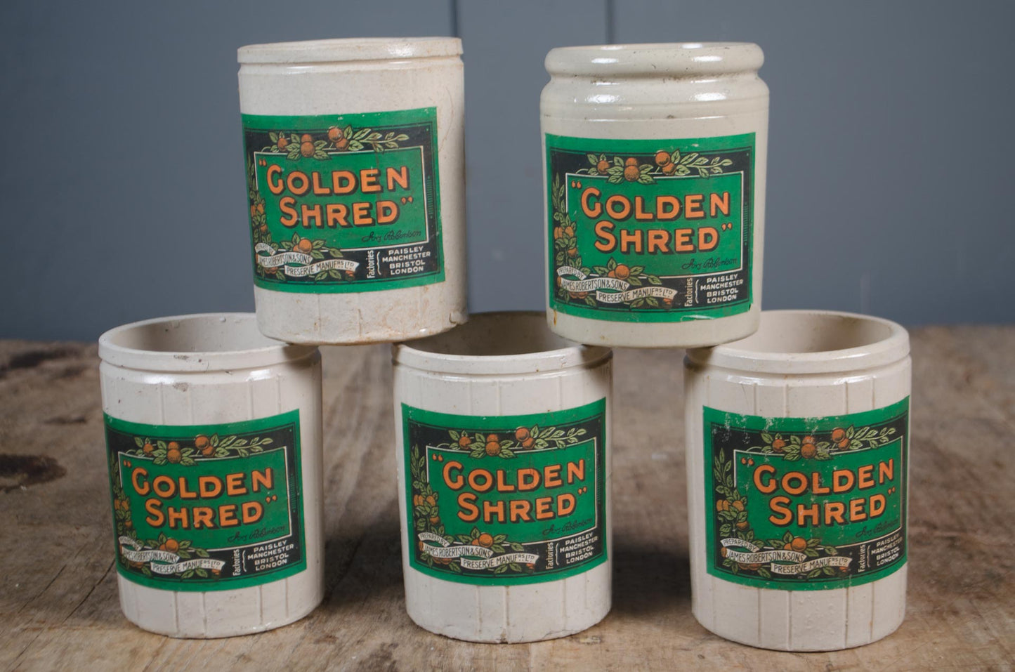 Collection of antique English cream ironstone marmalade jars