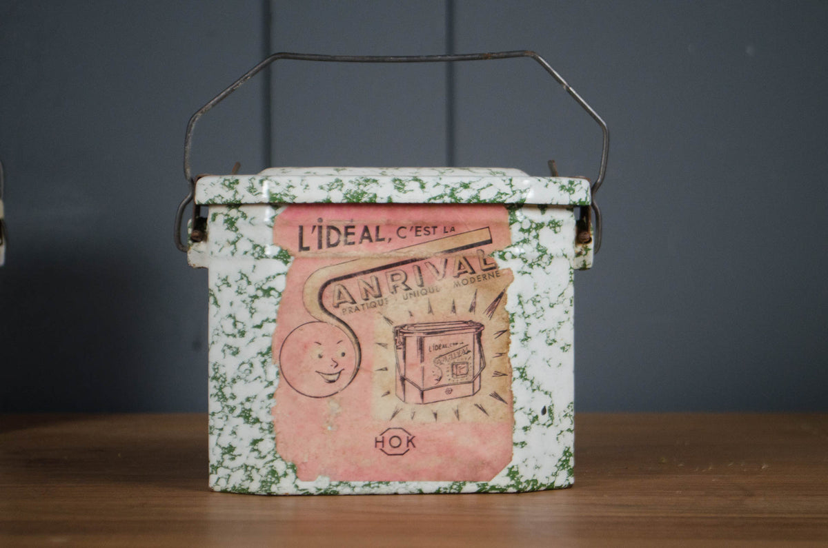 Vintage French splatter enamel storage tins