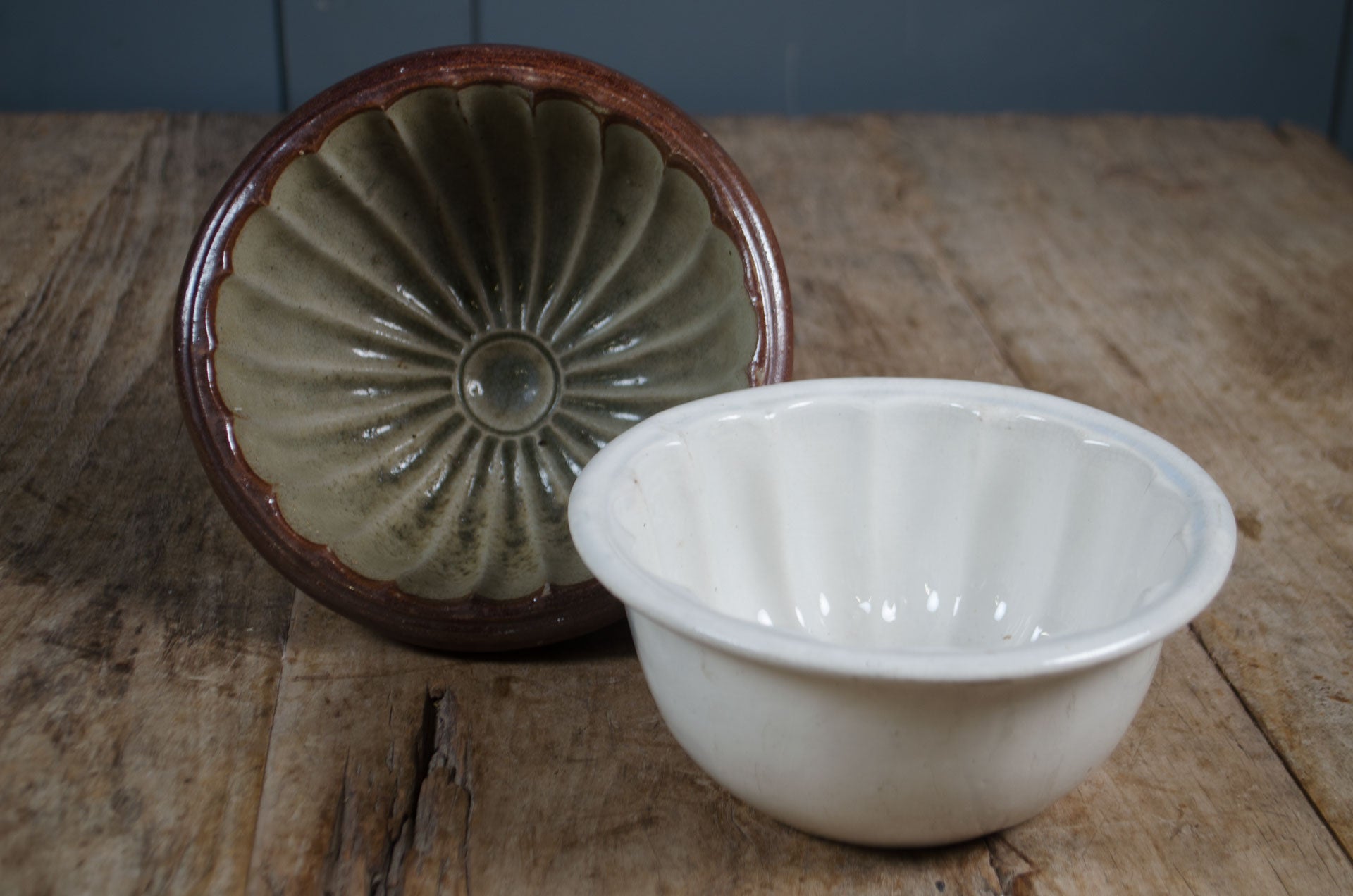 
Antique ironstone ceramic pudding mould bowl with scalloped interiors