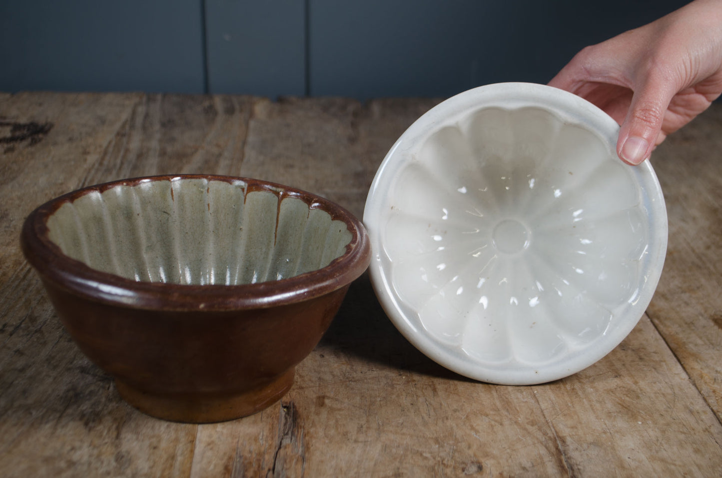 Rustic Victorian jelly moulds in cream and brown glaze