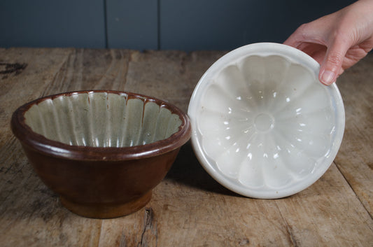 Rustic Victorian jelly moulds in cream and brown glaze