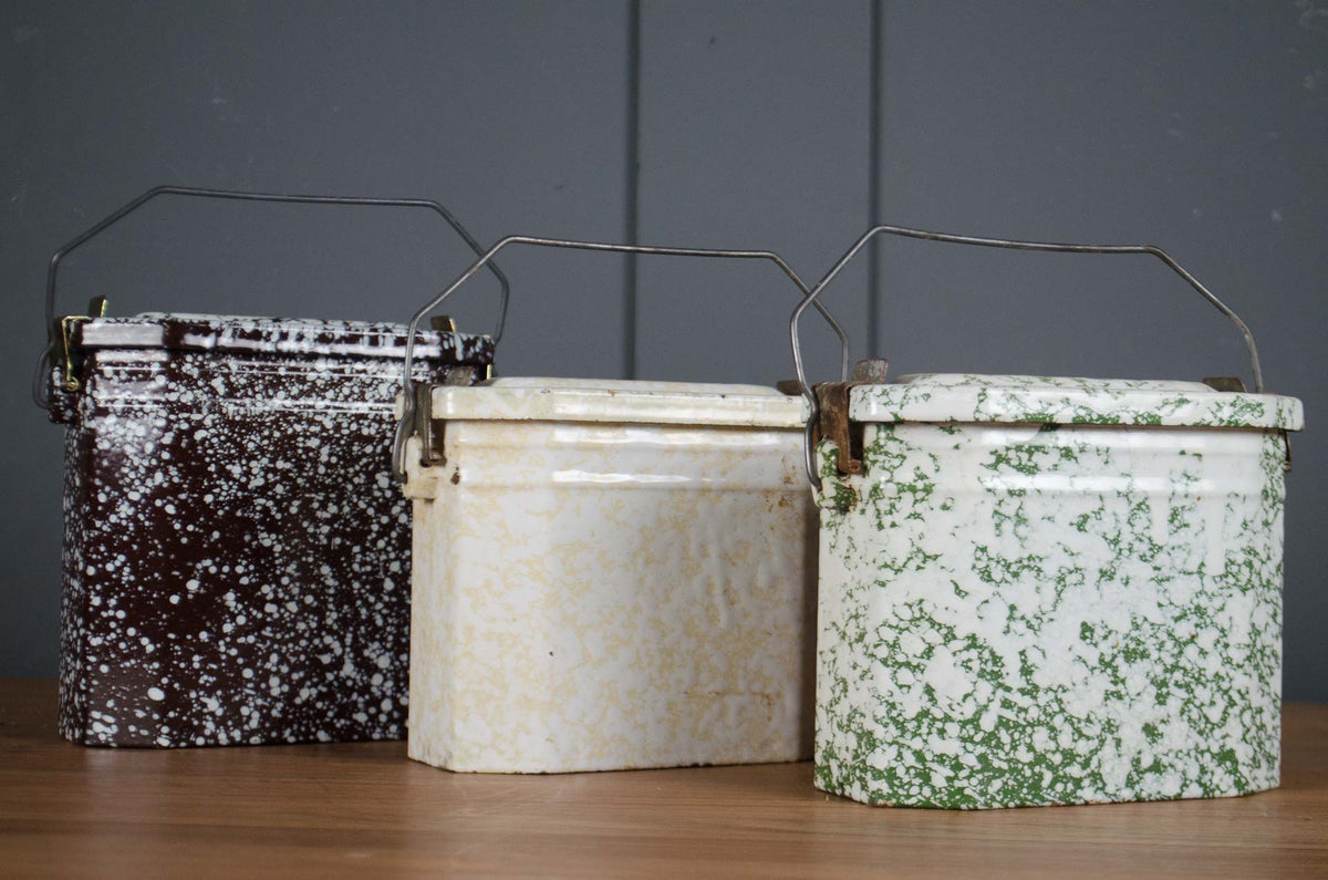 
Vintage French splatter enamel storage tins