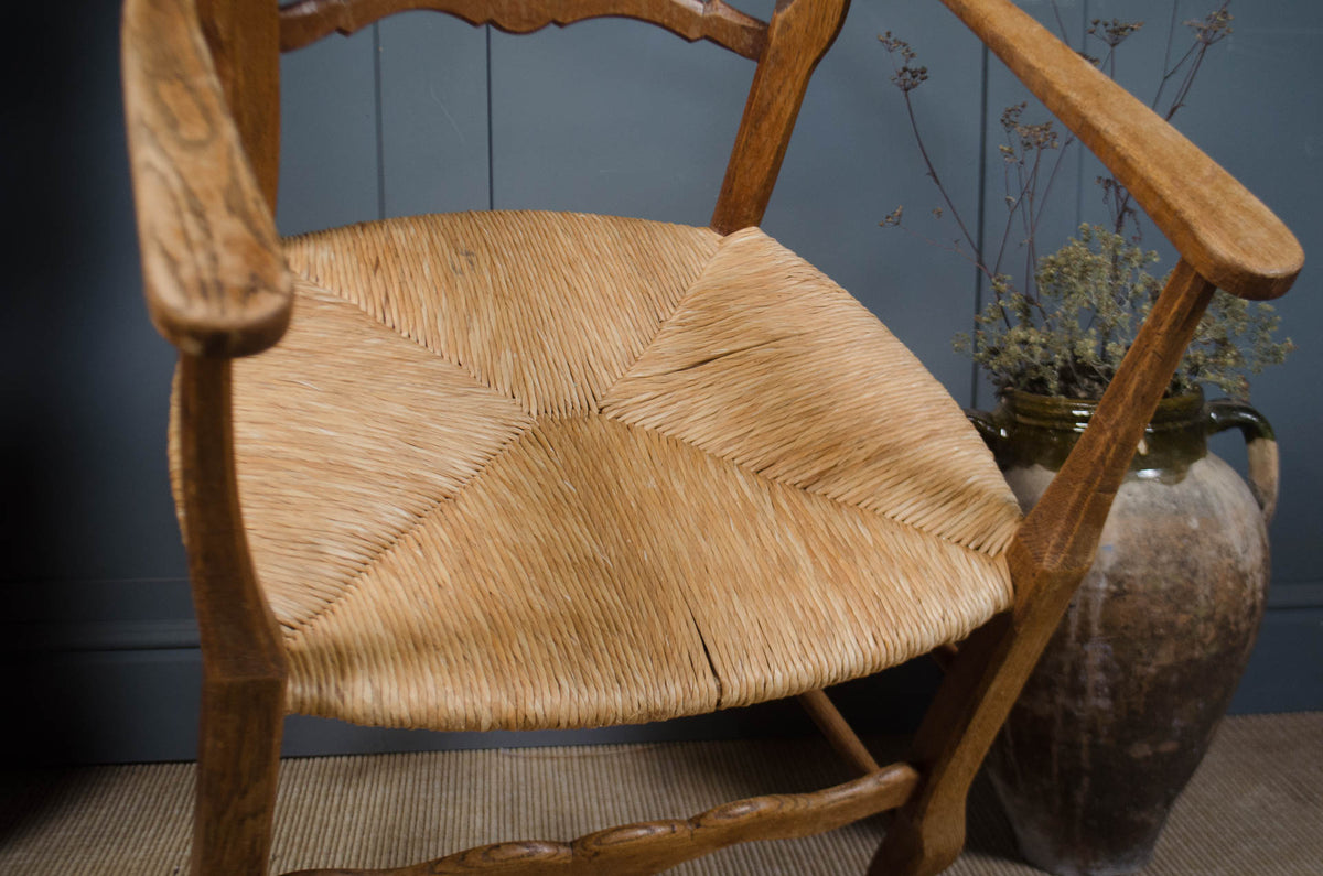 French wooden carver chair with wide rush seat