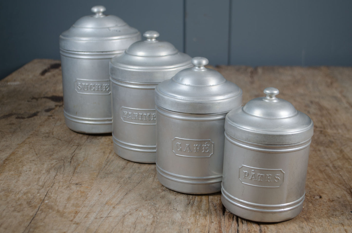 set Vintage French aluminium kitchen canisters with lids