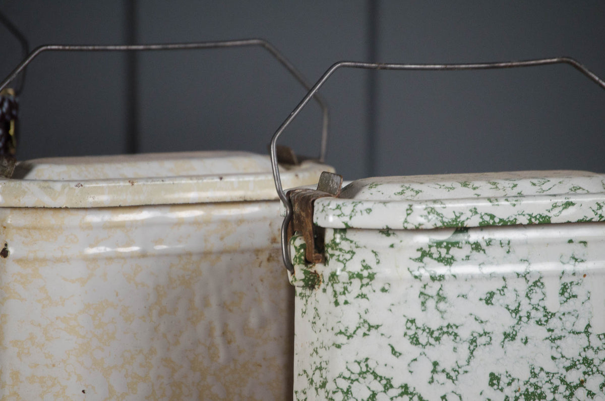 
Vintage French splatter enamel storage tins