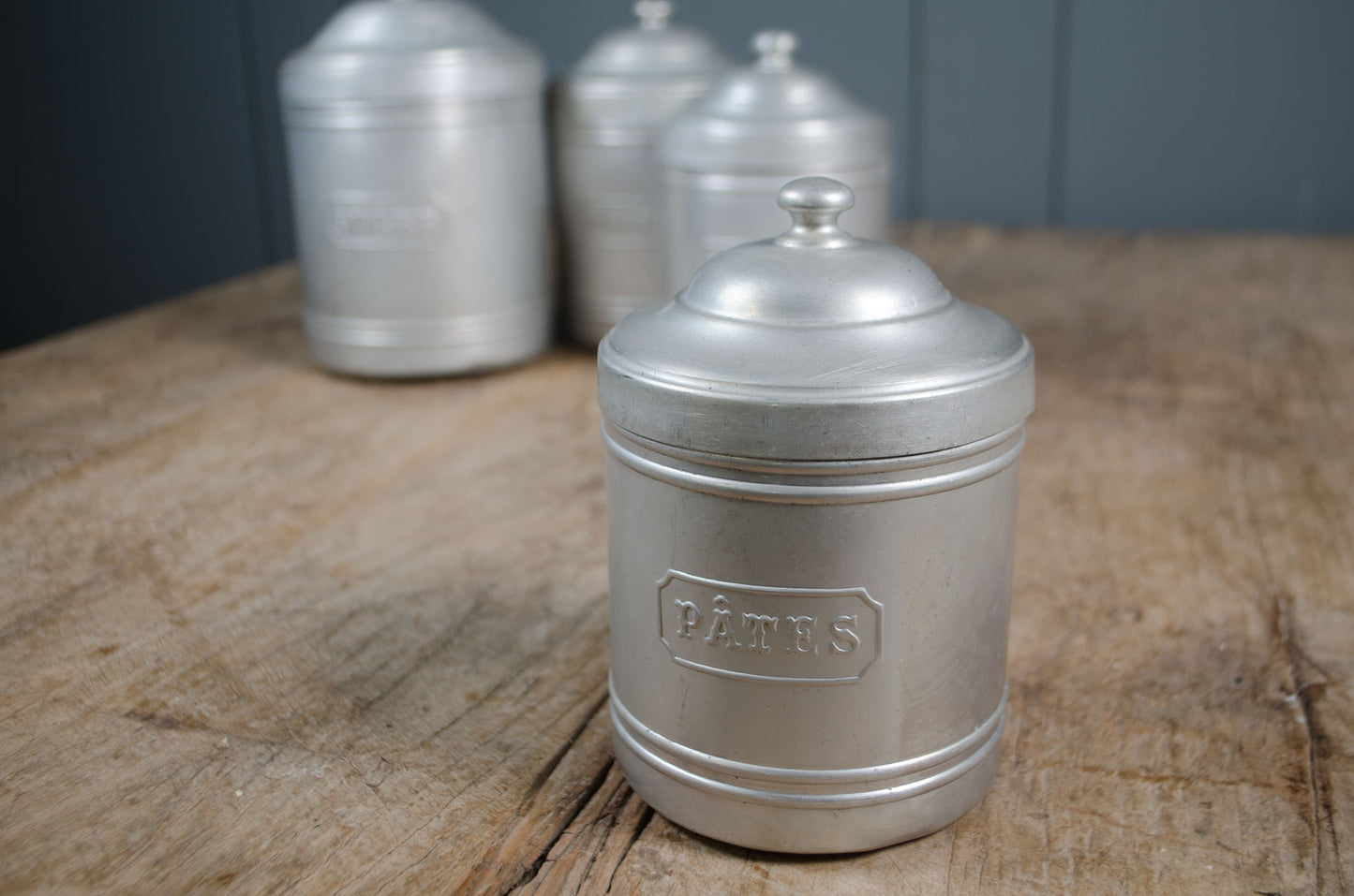 Rustic stacking vintage French canister set in brushed aluminium