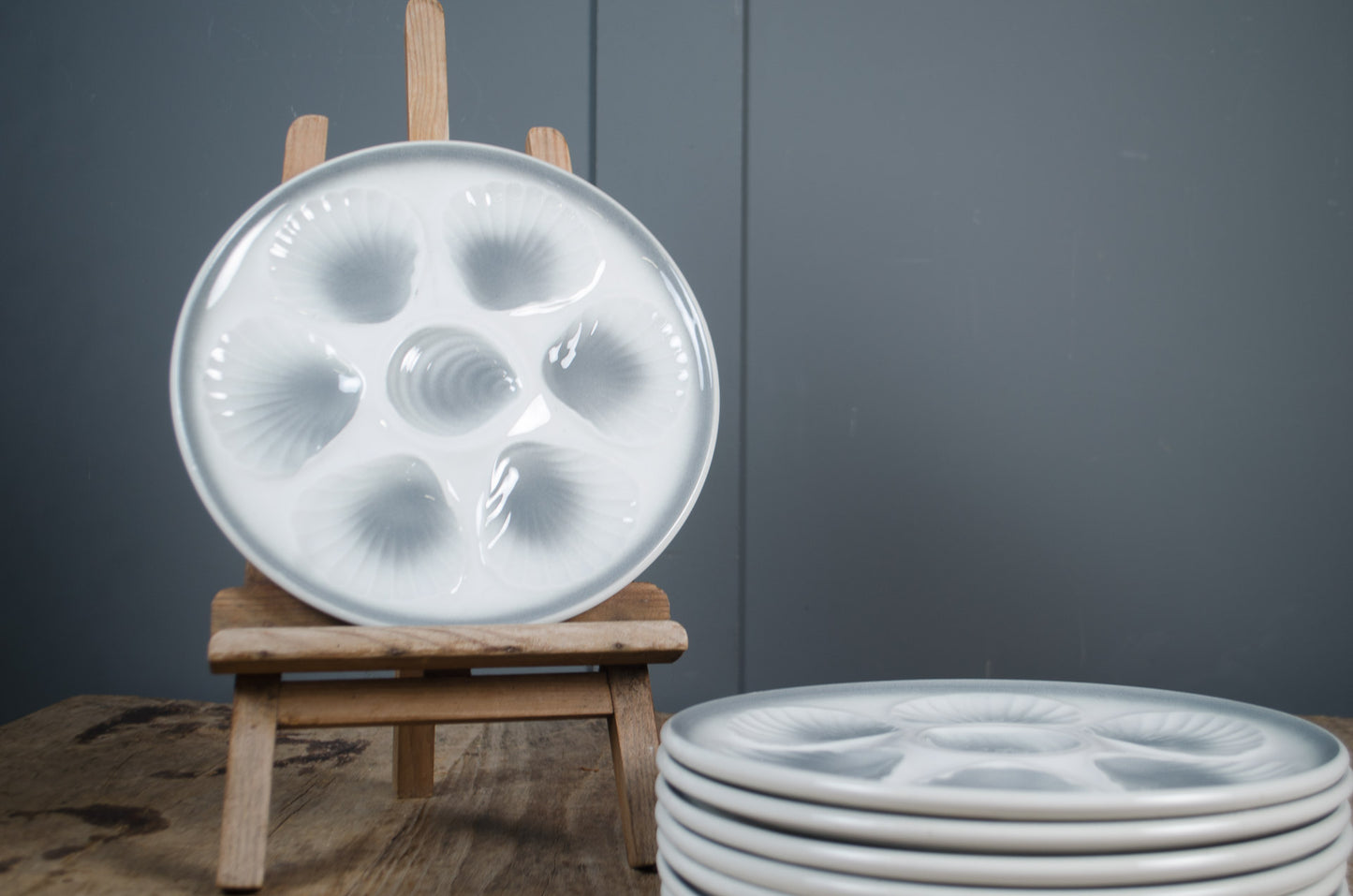 Collection of vintage French oyster plates sold individually grey blue