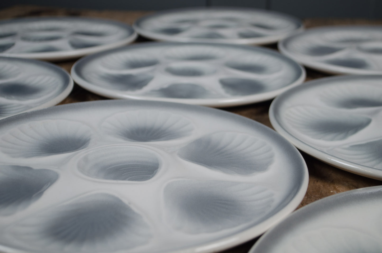 Pale grey ceramic oyster serving plate from France