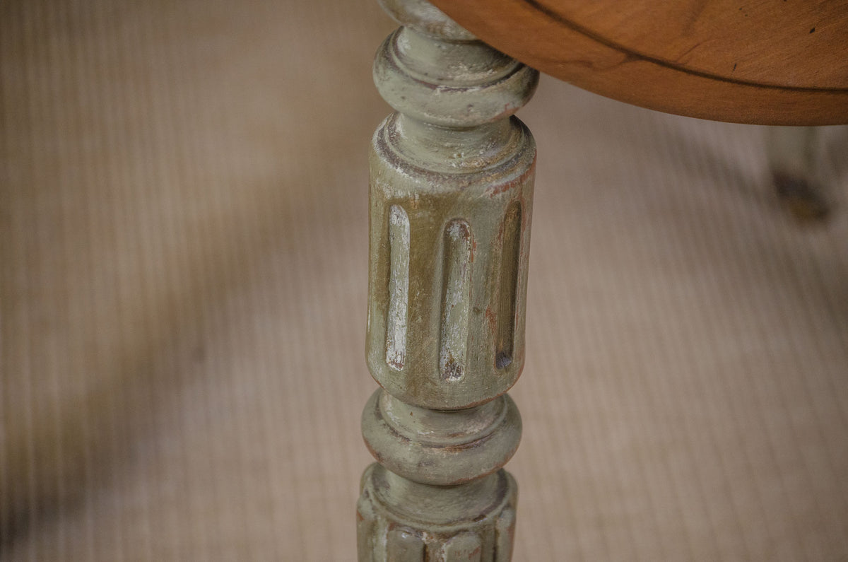 
Compact round drop leaf table with French grey legs