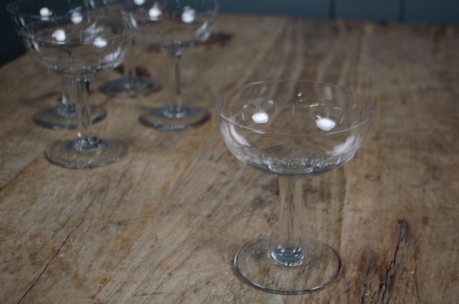 
Elegant French coupe glasses with etched detailing