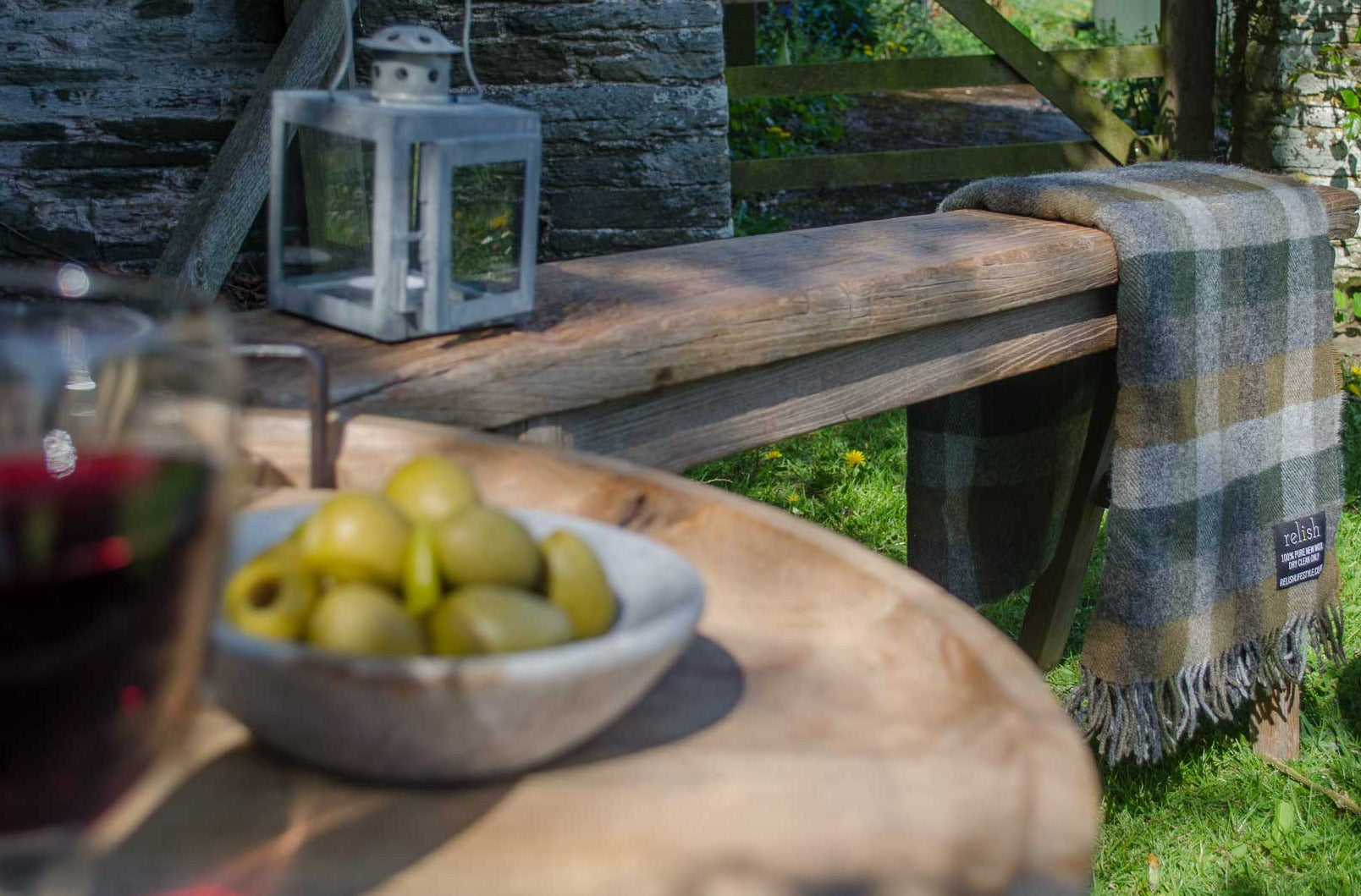 cottage garden with rustic bench