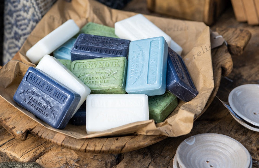 Set of three French organic soap bars with illustrated wrapping